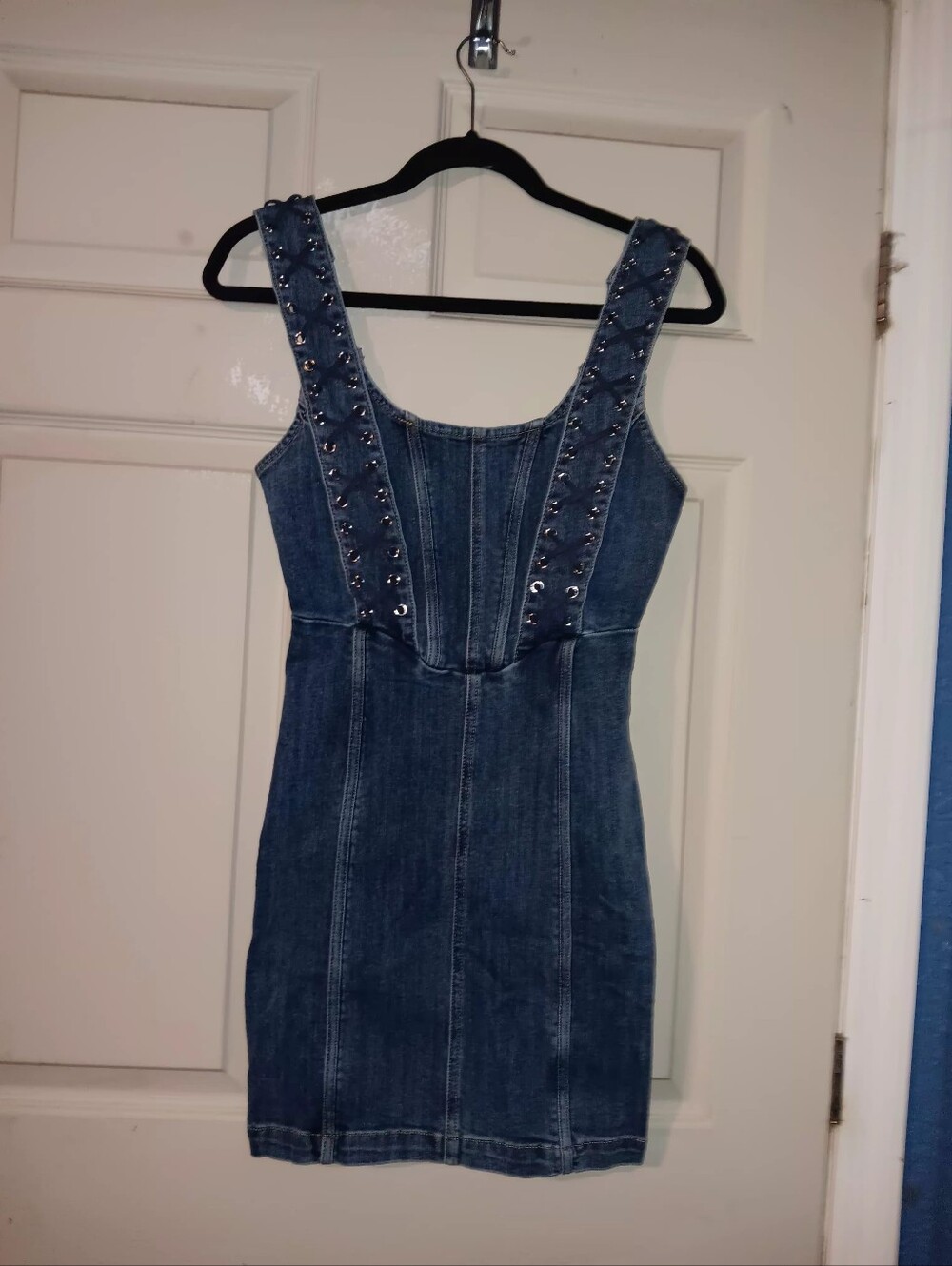 Bebe Denim Y2K Sleeveless Mini Dress Wms Sz 0 Lace Up Straps Zip Back